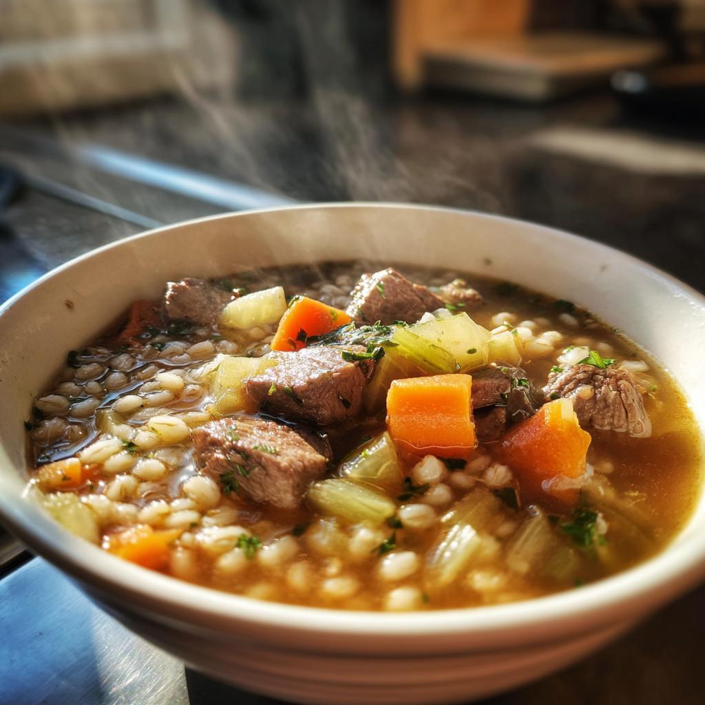 Close-up of steaming beef barley soup with chunks of beef, carrots, celery, and barley in a bowl