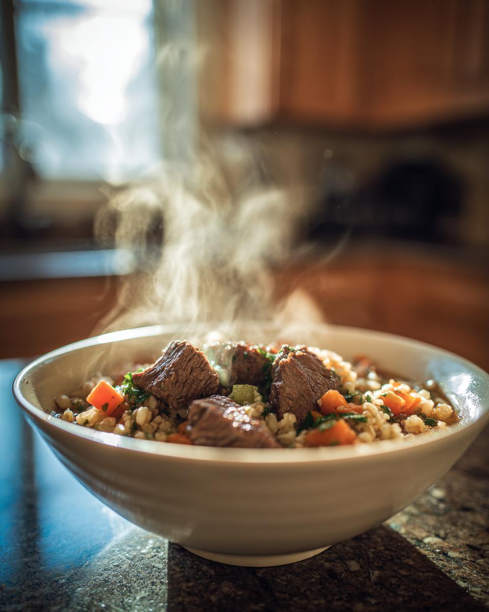 Steaming white bowl filled with beef barley soup with chunks of beef, carrots, and greens.