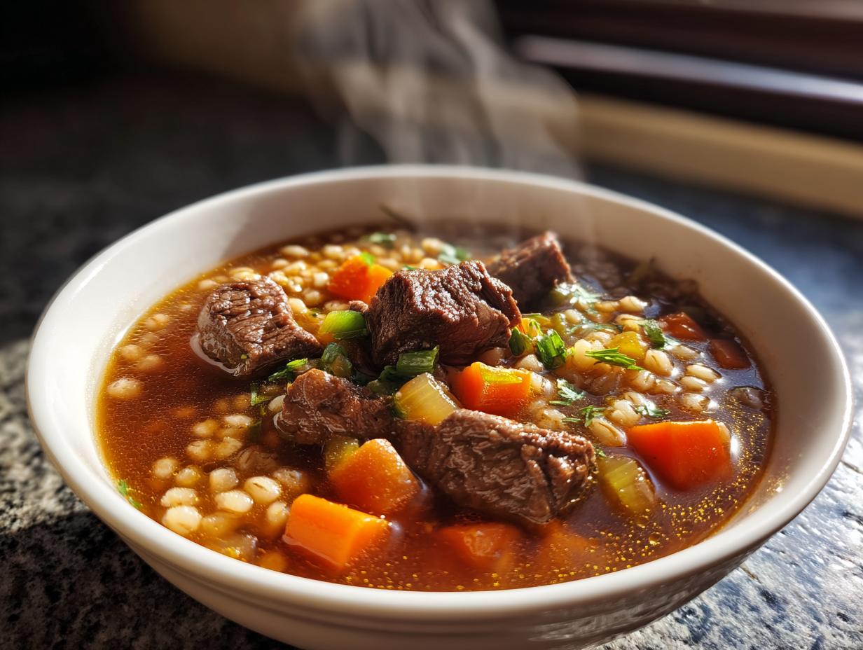 Steaming bowl of beef barley soup with chunks of beef, carrots, and barley in broth