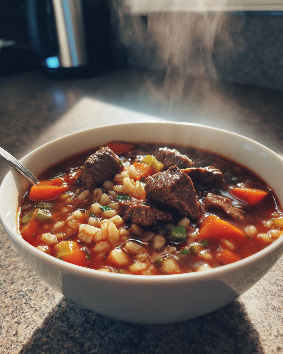 Steaming bowl of beef barley soup with chunks of beef, barley, carrots, and celery in a white bowl.