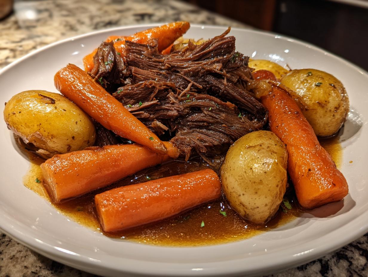 Plate of beef pot roast with whole carrots and baby potatoes in rich gravy