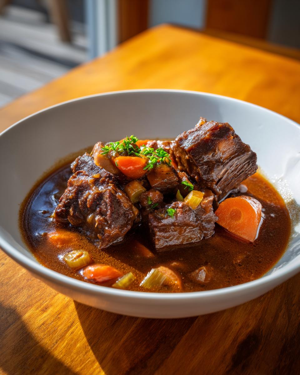 Bowl of beef short rib stew with chunks of meat, carrots, celery, and garnished with parsley