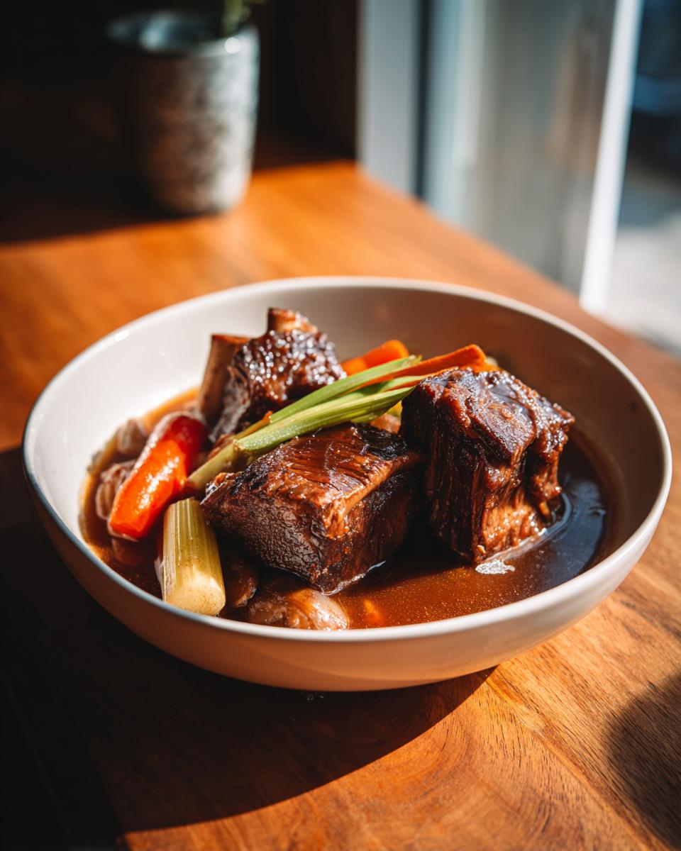 Bowl of beef short rib stew with carrots and celery in rich broth on wooden table