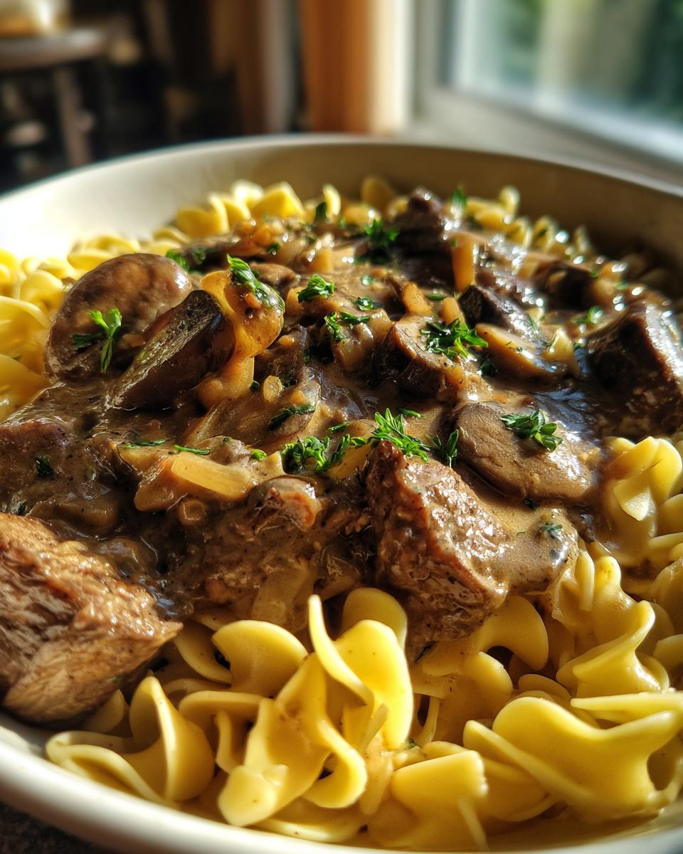 Close-up of beef stroganoff with mushrooms and parsley served over egg noodles.