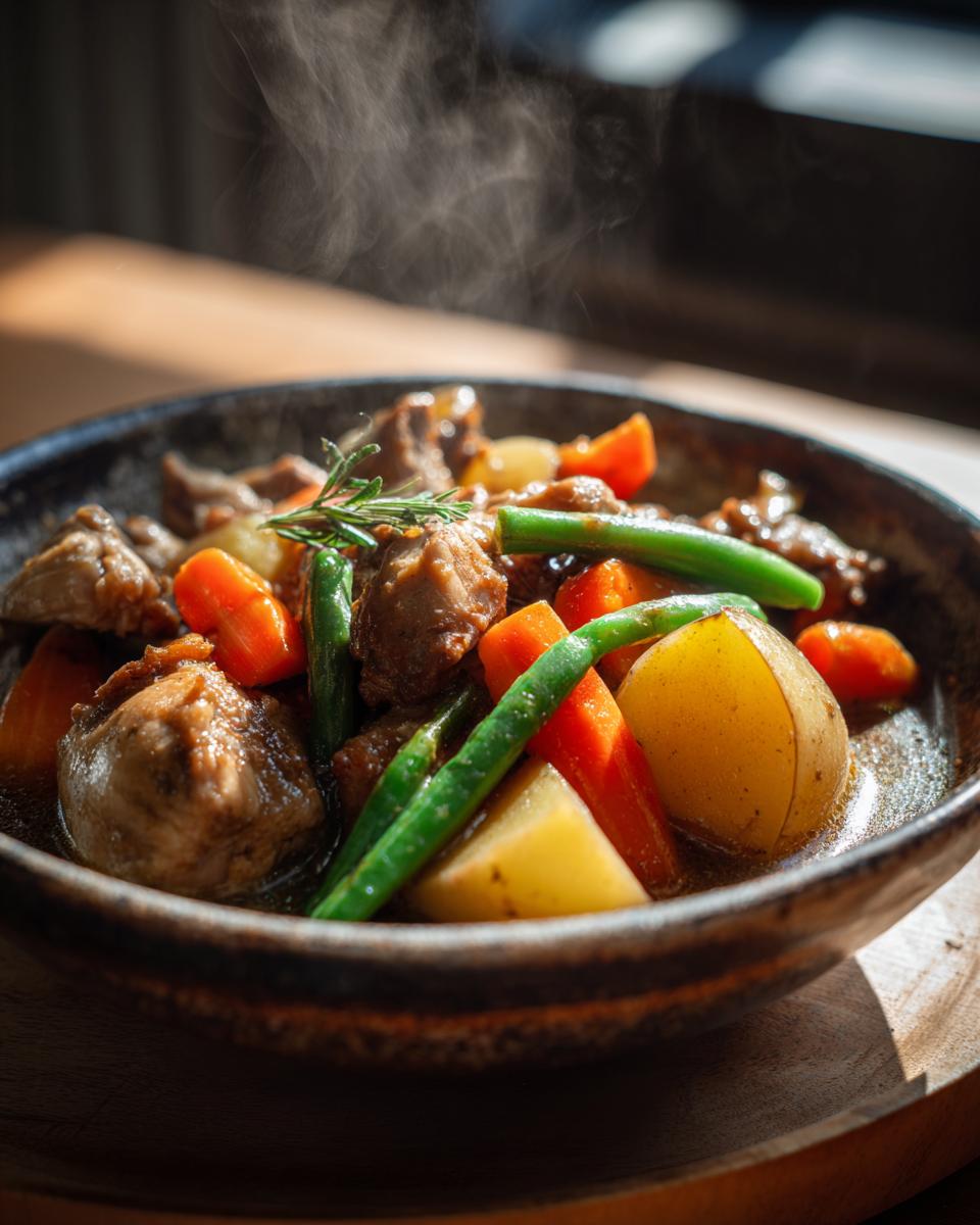 Steaming hearty chicken vegetable stew with potatoes, carrots, green beans, and rosemary garnish