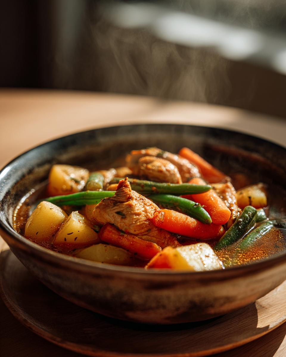 Bowl of steaming chicken vegetable stew with carrots, potatoes, green beans, and chicken pieces.