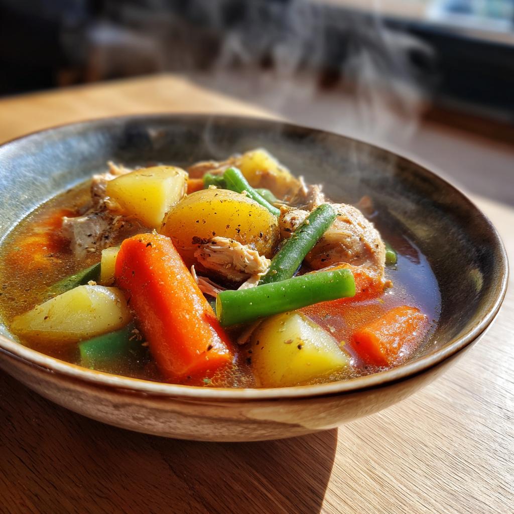 Steaming bowl of chicken vegetable stew with potatoes, carrots, and green beans