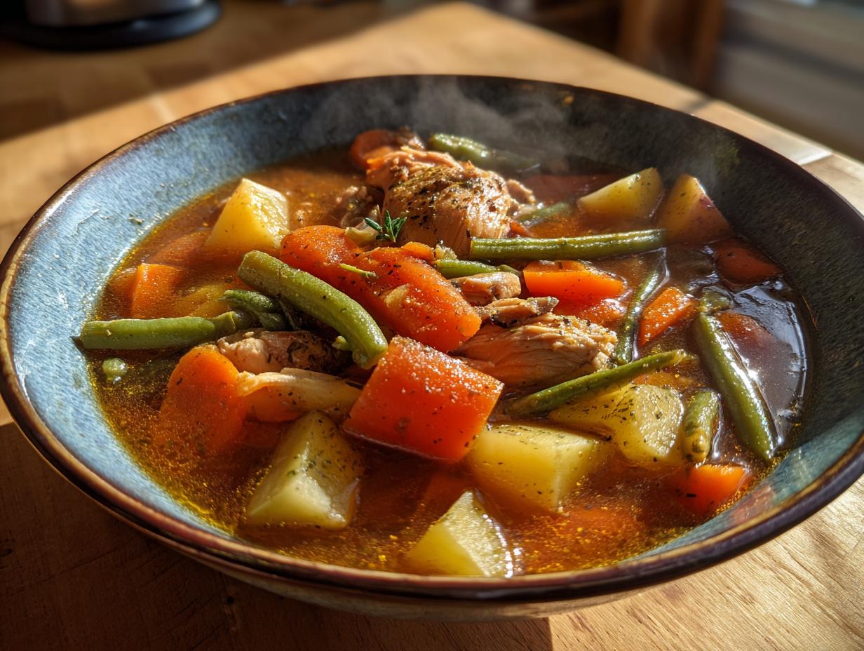 Bowl of steaming chicken vegetable stew with carrots, potatoes, green beans, and herbs.