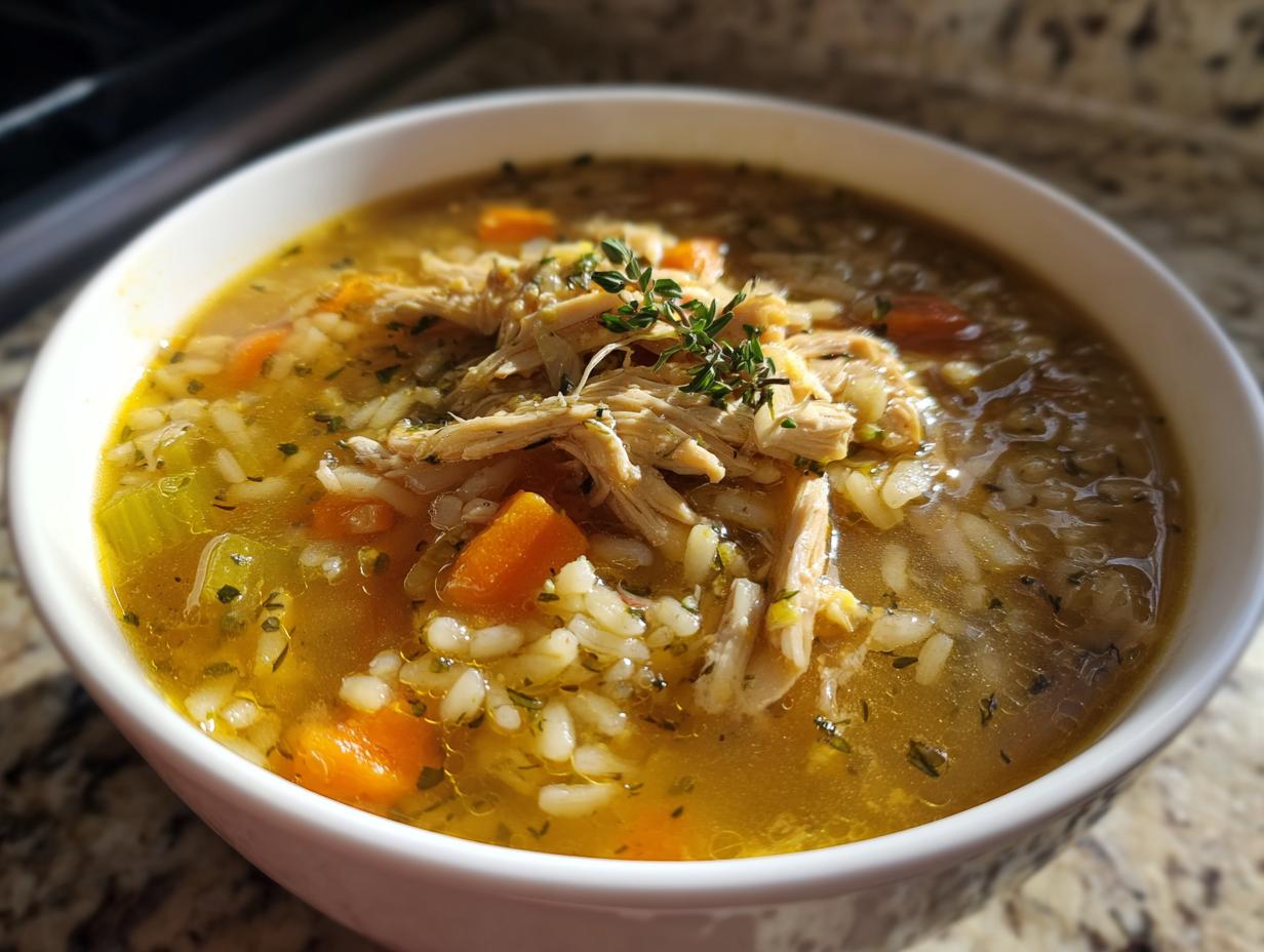 Bowl of hearty turkey and rice soup from leftovers with shredded turkey and vegetables