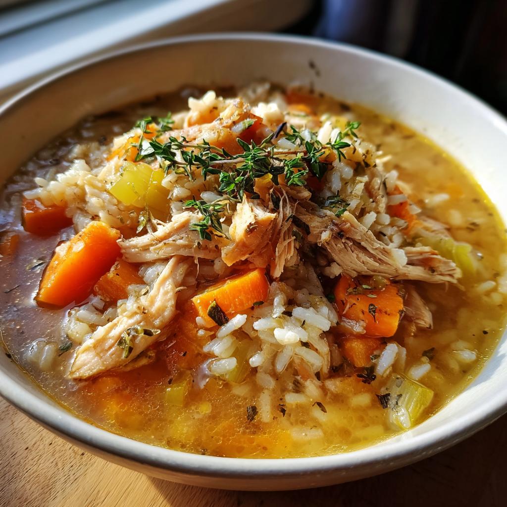 Bowl of hearty turkey and rice soup from leftovers with carrots, rice, and fresh herbs