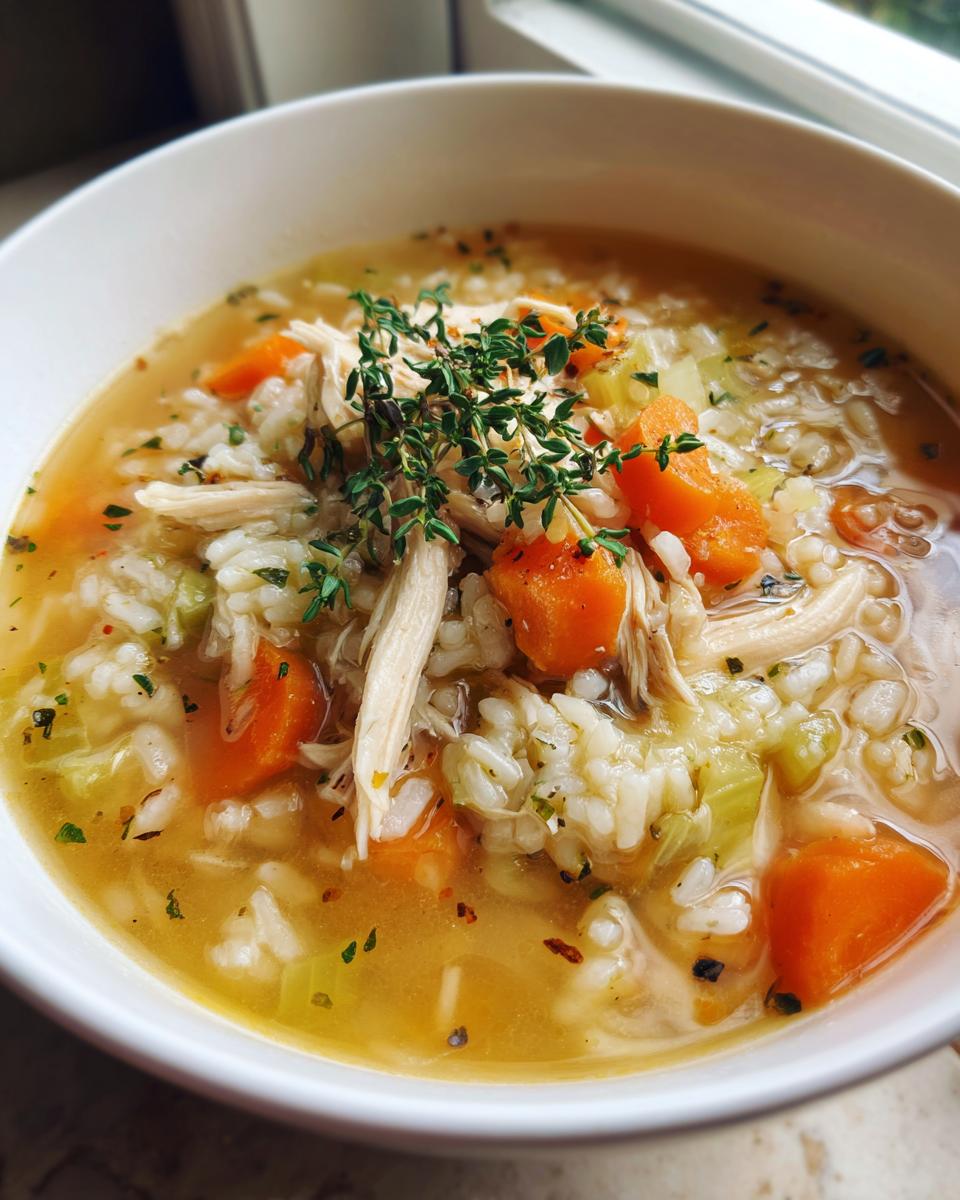 Close-up of hearty turkey and rice soup from leftovers with carrots, herbs, and broth