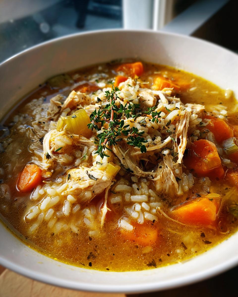 Bowl of hearty turkey and rice soup from leftovers with shredded turkey, rice, carrots, and herbs.