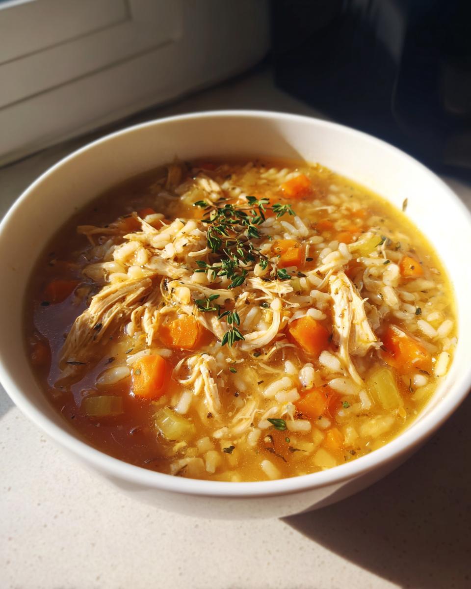 Bowl of hearty turkey and rice soup from leftovers with carrots and herbs.