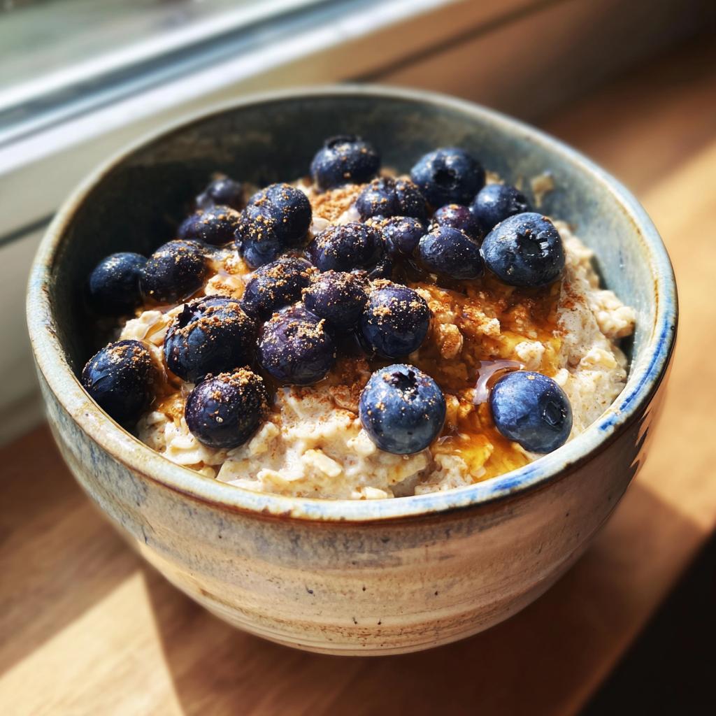 Bowl of high protein blueberry oatmeal breakfast topped with fresh blueberries and syrup.