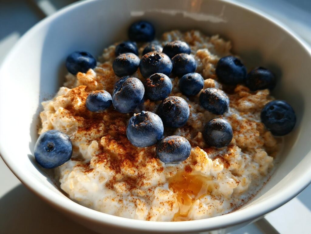Bowl of high protein blueberry oatmeal breakfast topped with fresh blueberries and cinnamon.