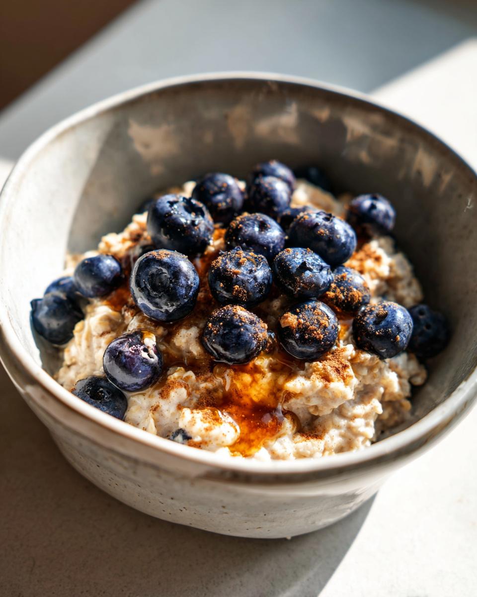 Bowl of high protein blueberry oatmeal breakfast topped with fresh blueberries and drizzle of syrup