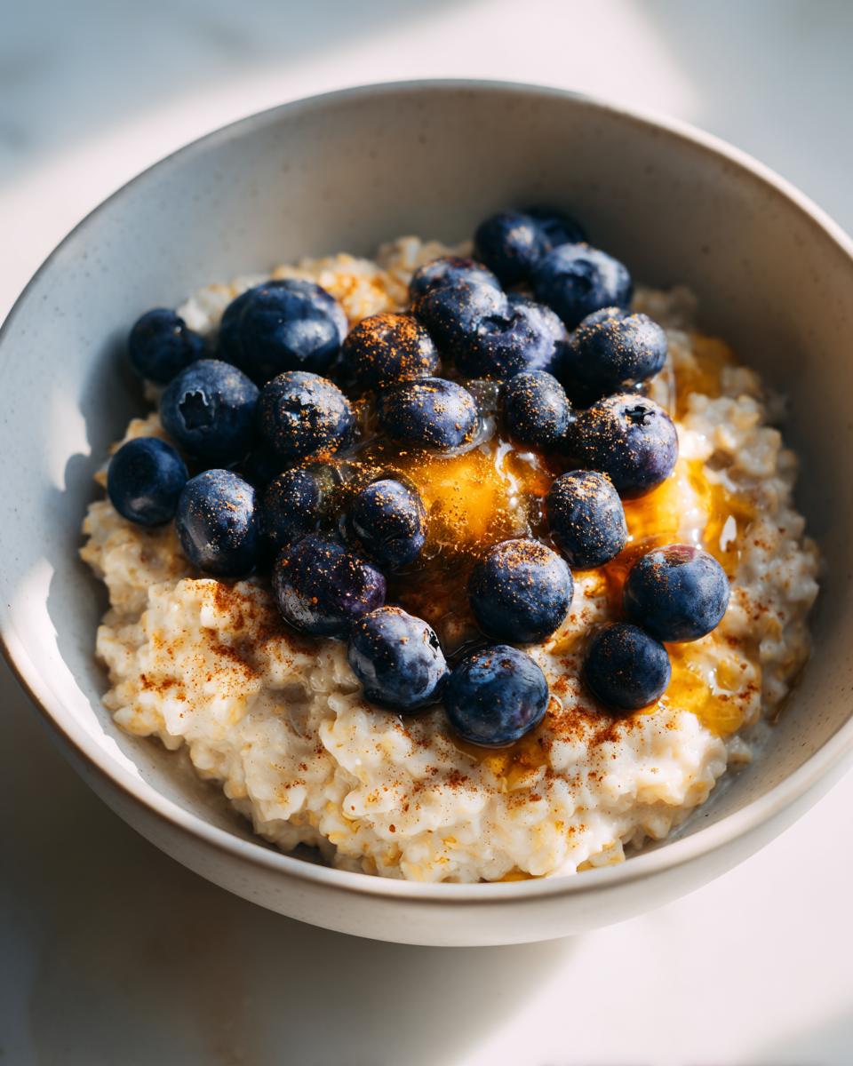 Bowl of high protein blueberry oatmeal breakfast topped with fresh blueberries and honey drizzle