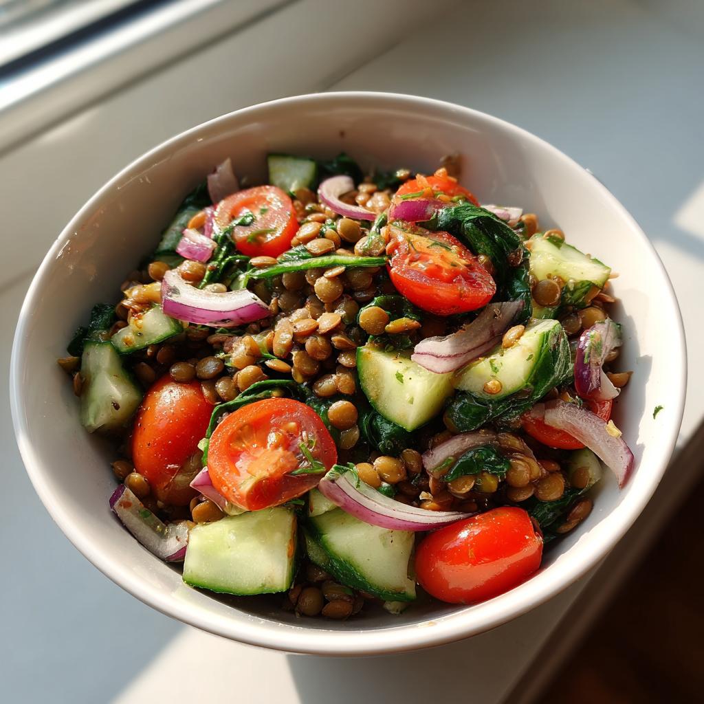 Bowl of high protein lentil and veggie bowl with cherry tomatoes, cucumber, spinach, and red onion
