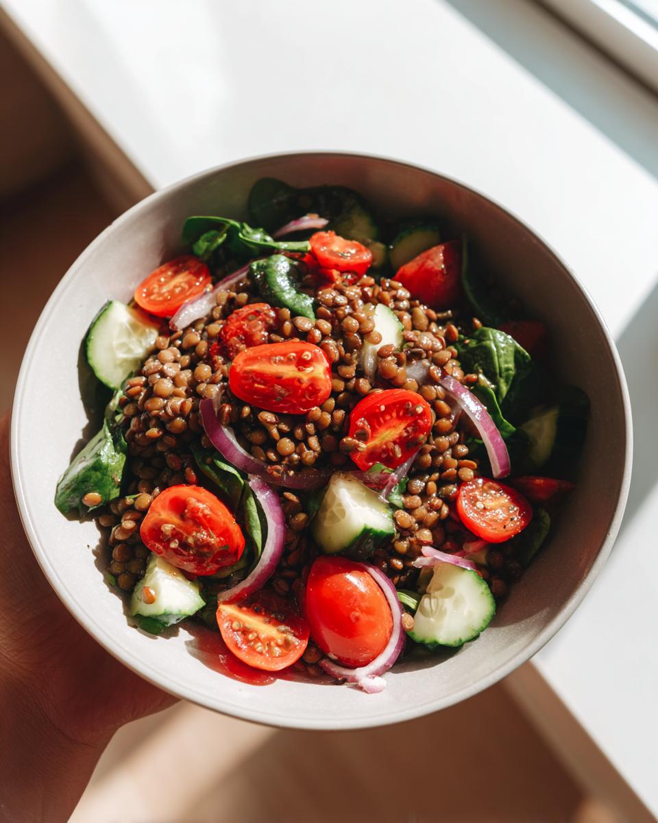 Bowl of high protein lentil and veggie bowl with lentils, cherry tomatoes, cucumber, spinach, and red onion