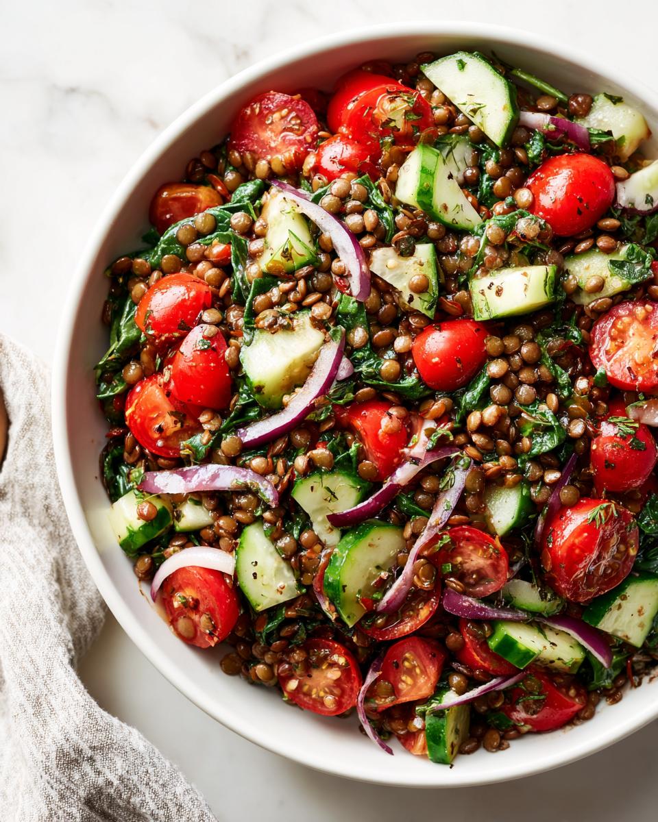 Bowl of high protein lentil and veggie bowl with cherry tomatoes, cucumber, red onion, and greens.