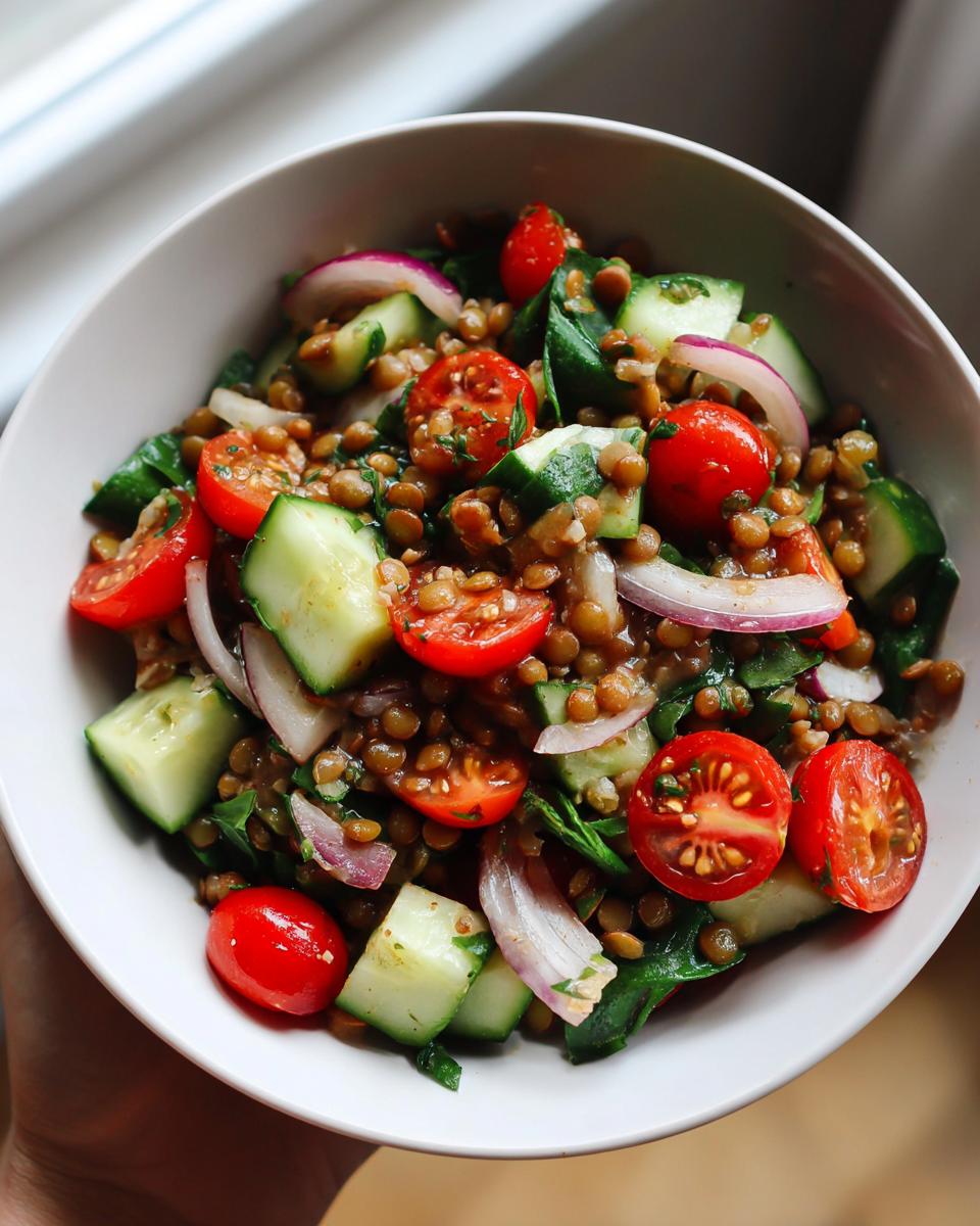 Bowl filled with high protein lentil and veggie bowl including lentils, cherry tomatoes, cucumber, onion, and greens.