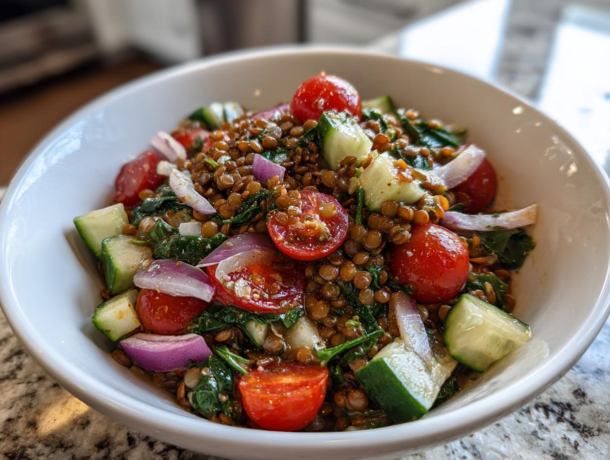 Bowl of high protein lentil and veggie bowl with cucumbers, cherry tomatoes, red onion, and greens