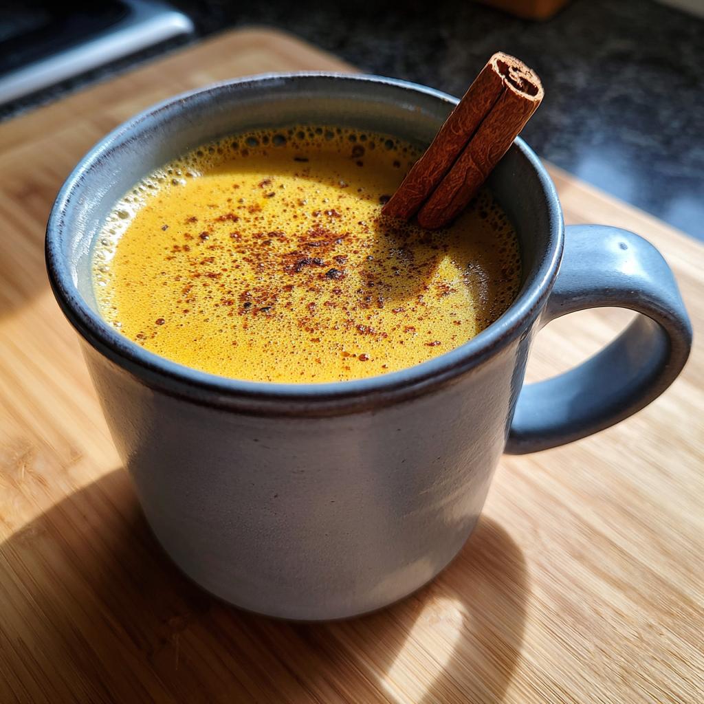 Blue ceramic mug filled with homemade chai tea latte with spices and cinnamon stick on wooden surface