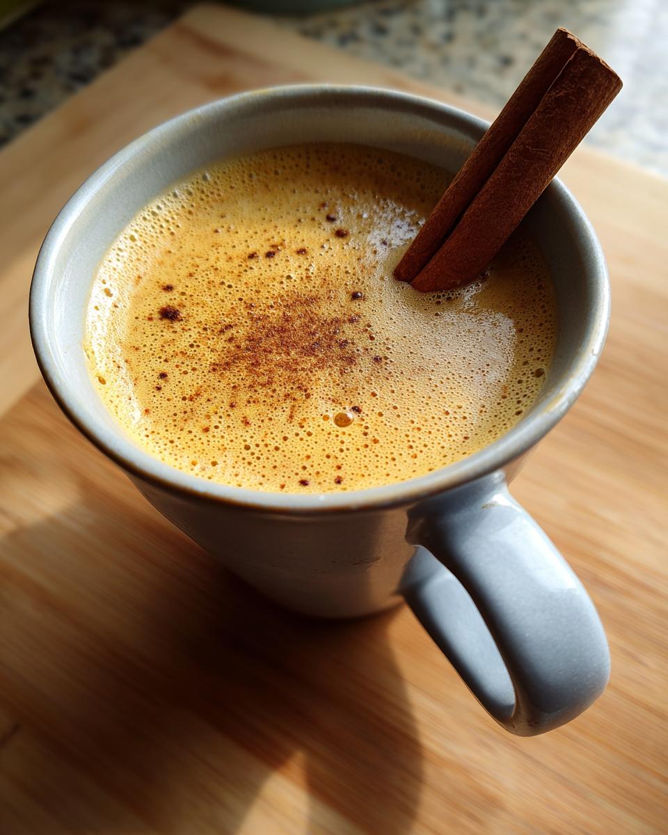Close-up of homemade chai tea latte with spices and cinnamon stick in a white mug
