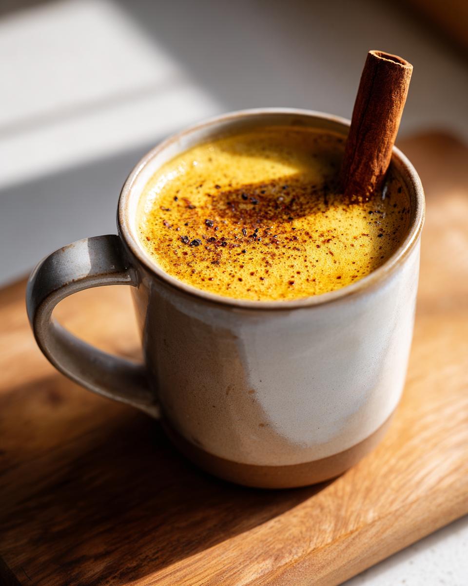 Close-up of homemade chai tea latte with spices, topped with cinnamon stick in a ceramic mug