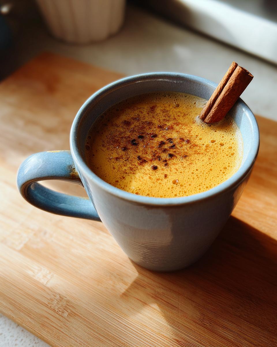 Ceramic mug filled with homemade chai tea latte with spices and cinnamon stick on wooden board