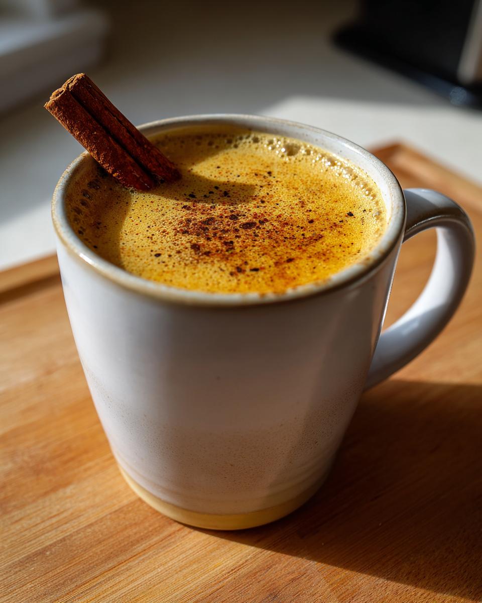 Close-up of a homemade chai tea latte with spices topped with cinnamon stick in a white mug