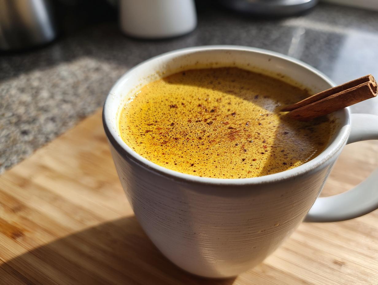 White mug filled with homemade chai tea latte with spices and a cinnamon stick on wooden surface
