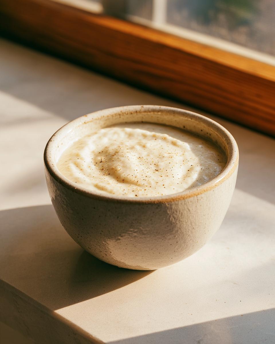 Creamy homemade vanilla bean rice pudding dessert served in a rustic ceramic bowl.