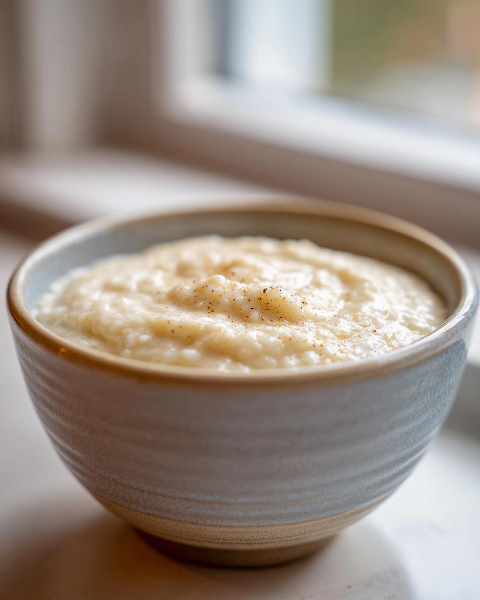 Close-up of creamy homemade vanilla bean rice pudding dessert in a ceramic bowl