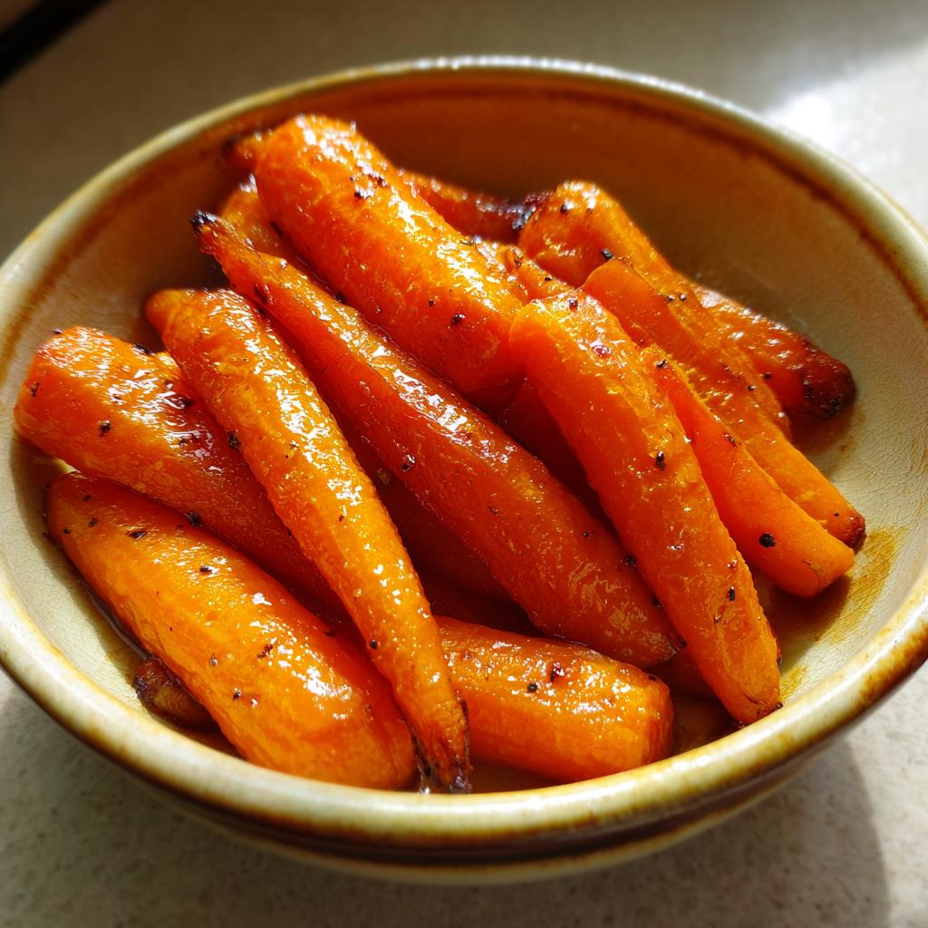 Close-up of honey roasted carrots glazed and seasoned in a bowl.