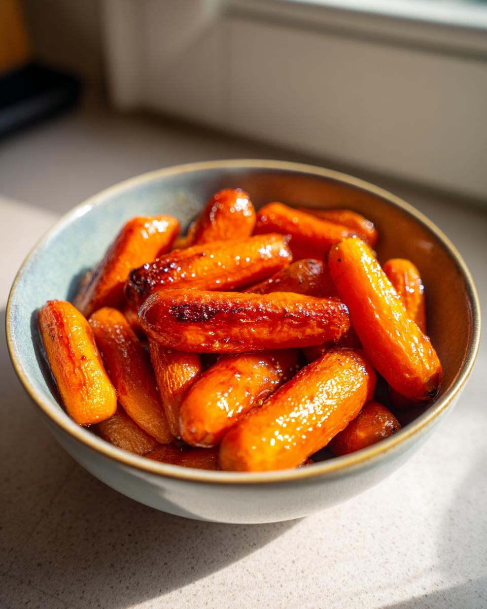 Bowl of shiny glazed honey roasted carrots with caramelized edges.