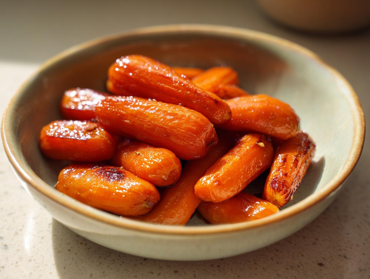 Close-up of honey roasted carrots glistening with glaze in a light ceramic bowl