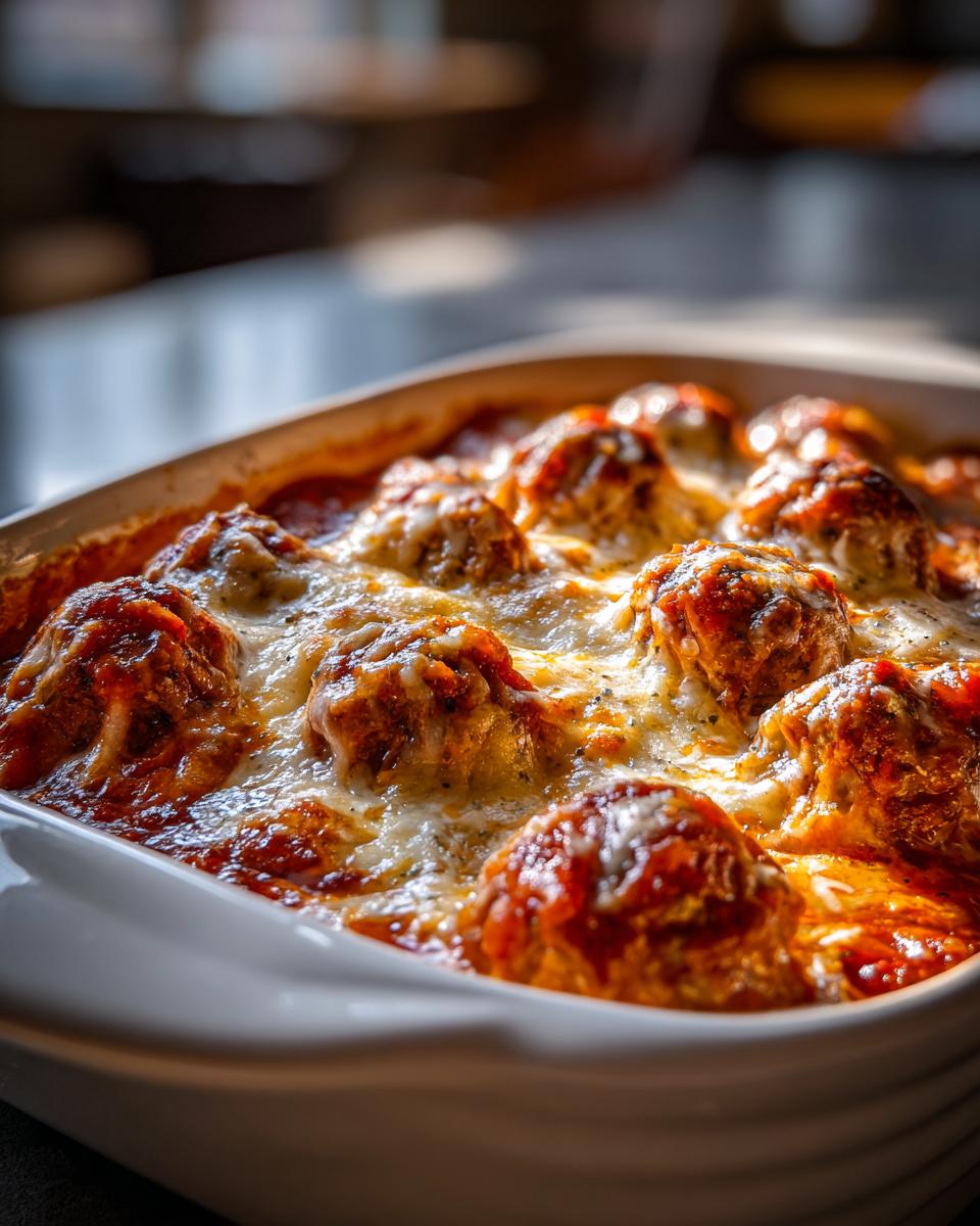 Baked meatballs marinara topped with melted cheese in a white ceramic baking dish.