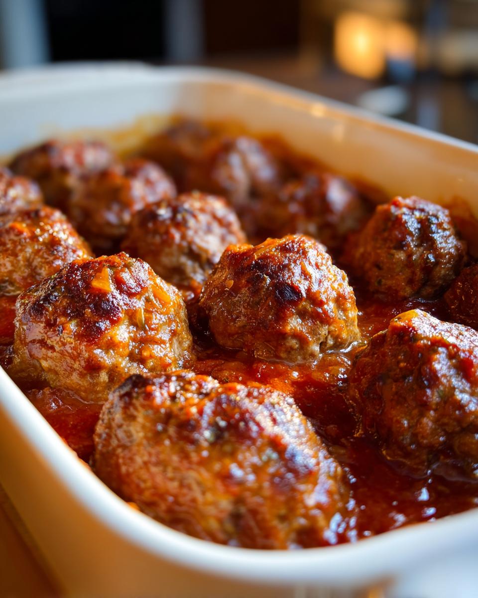 Close-up of golden-brown baked meatballs marinara in a white baking dish with rich tomato sauce