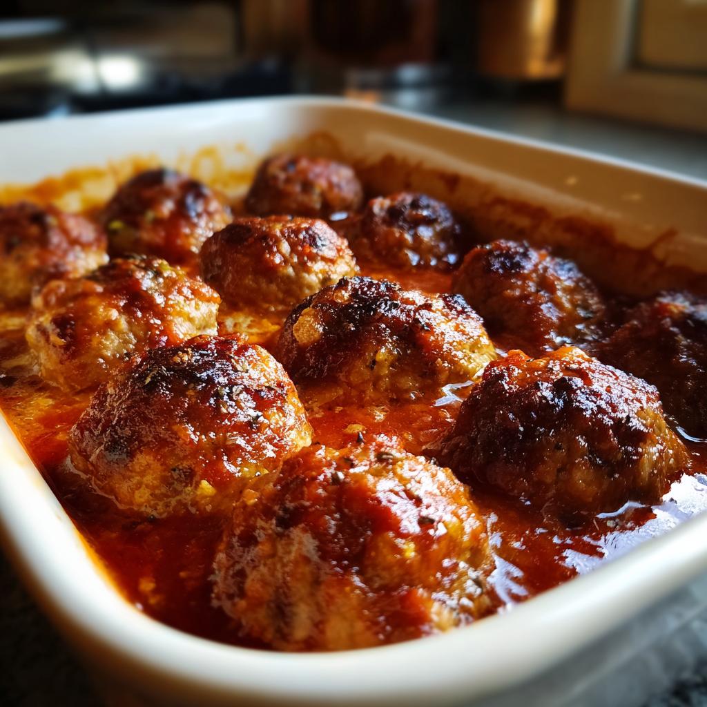 Close-up of juicy baked meatballs marinara in a white ceramic baking dish with rich tomato sauce