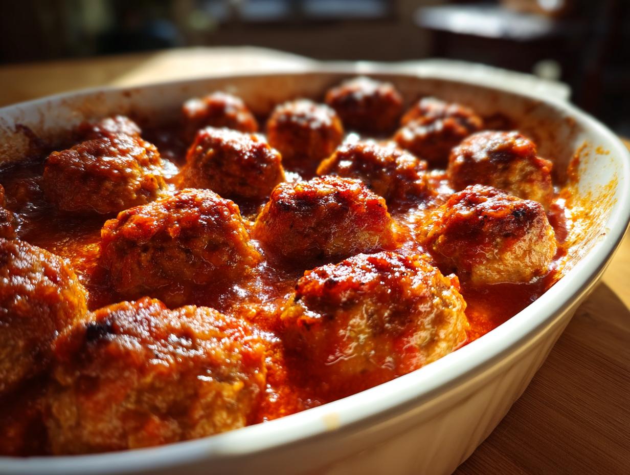 Close-up of juicy baked meatballs marinara in a white ceramic baking dish