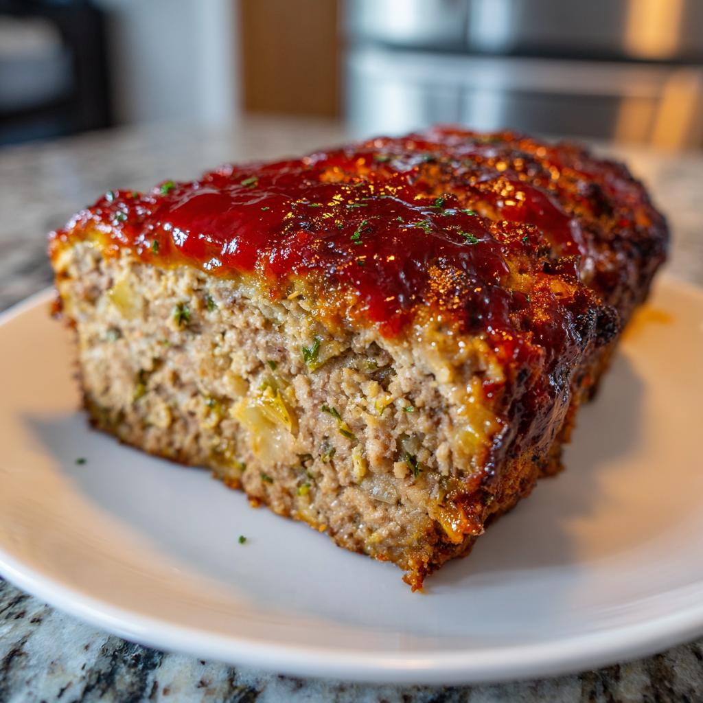 Close-up of a juicy garlic herb meatloaf slice topped with rich red glaze on a white plate.