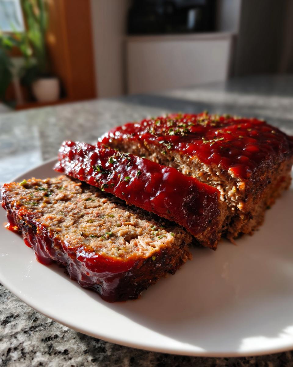 Sliced garlic herb meatloaf on a white plate with a shiny red glaze on top.