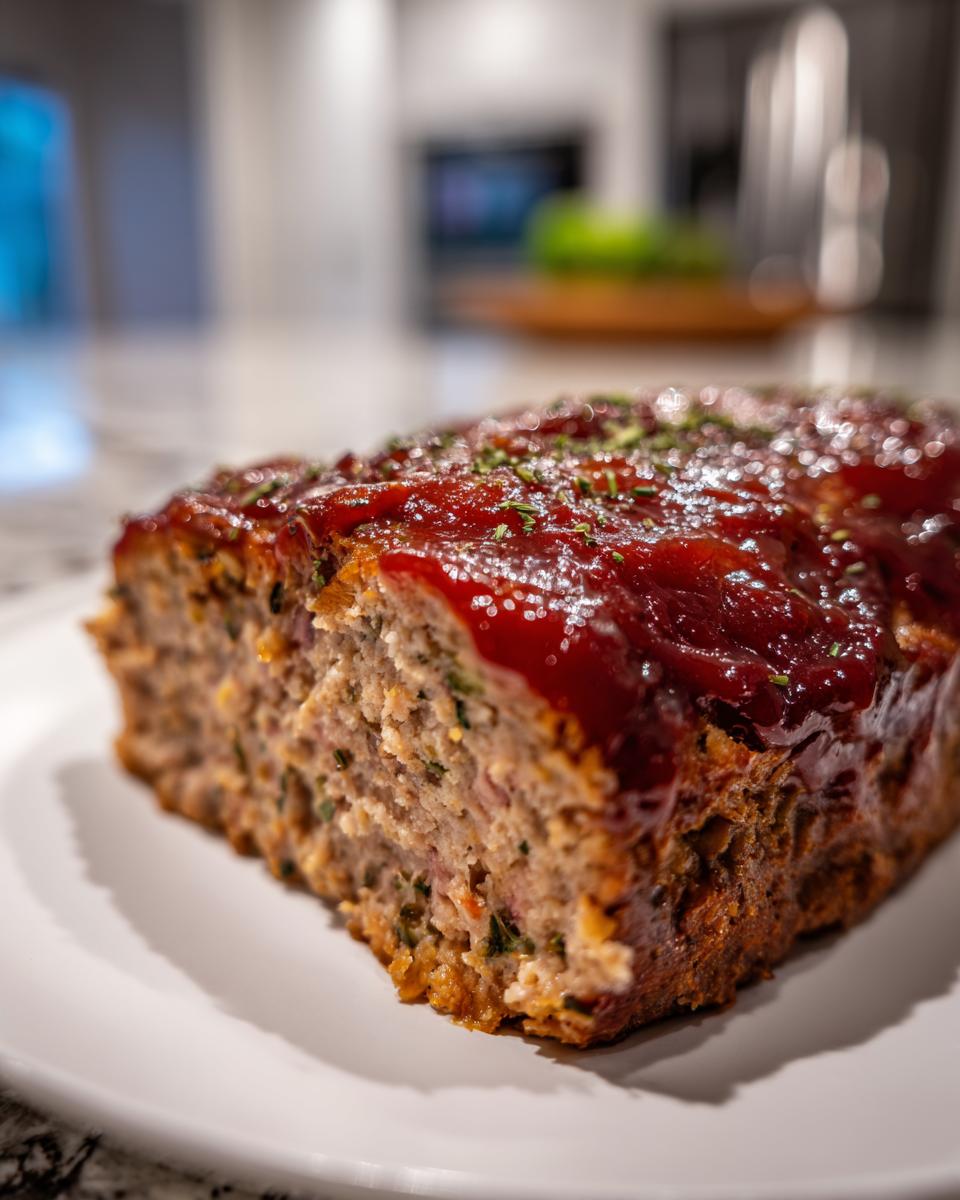Close-up of a juicy garlic herb meatloaf slice topped with glazed ketchup and herbs on a white plate.