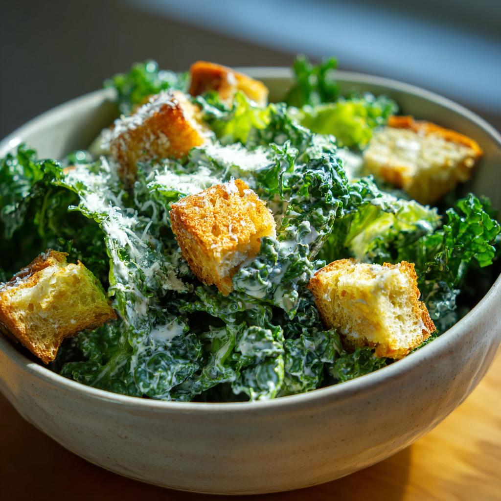 Bowl of kale caesar salad with greek yogurt dressing and crunchy croutons.