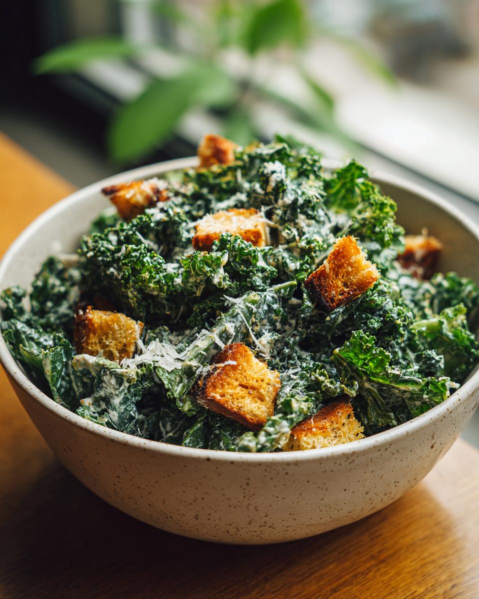 Bowl of kale caesar salad with greek yogurt dressing and crispy croutons