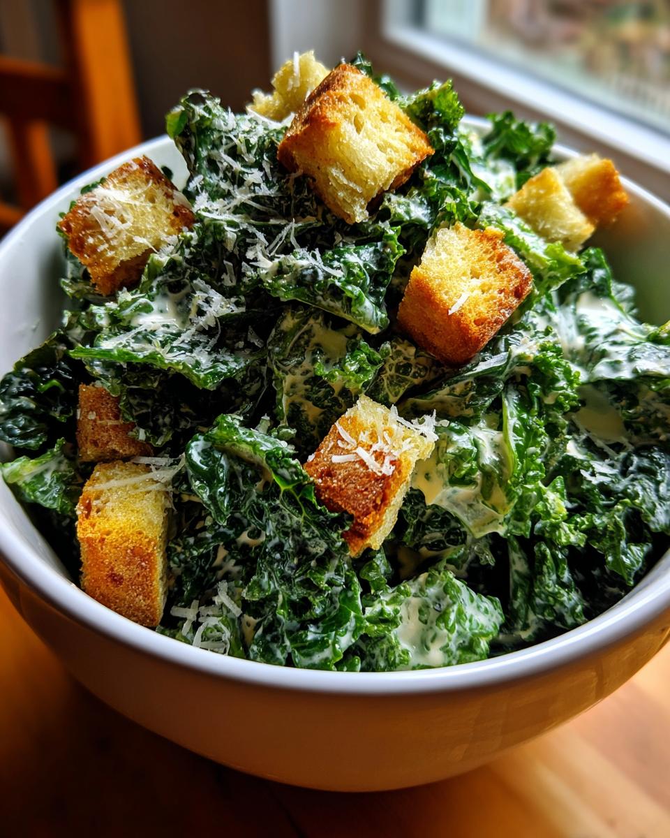 Bowl of kale caesar salad with greek yogurt dressing topped with golden croutons and grated cheese