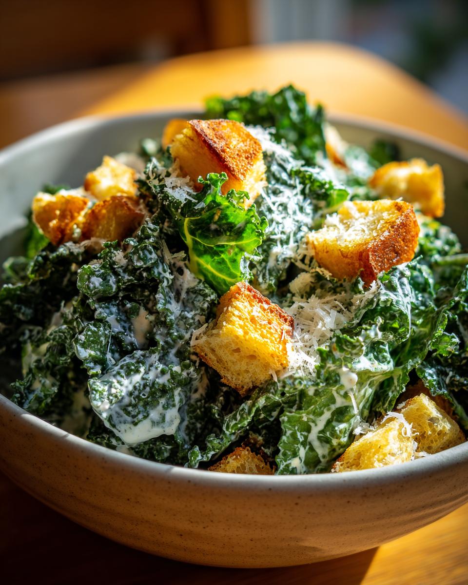 Bowl of kale Caesar salad with Greek yogurt dressing, croutons, and grated cheese.