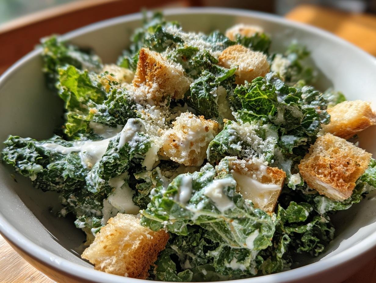 Bowl of kale caesar salad with greek yogurt dressing topped with croutons and grated cheese.