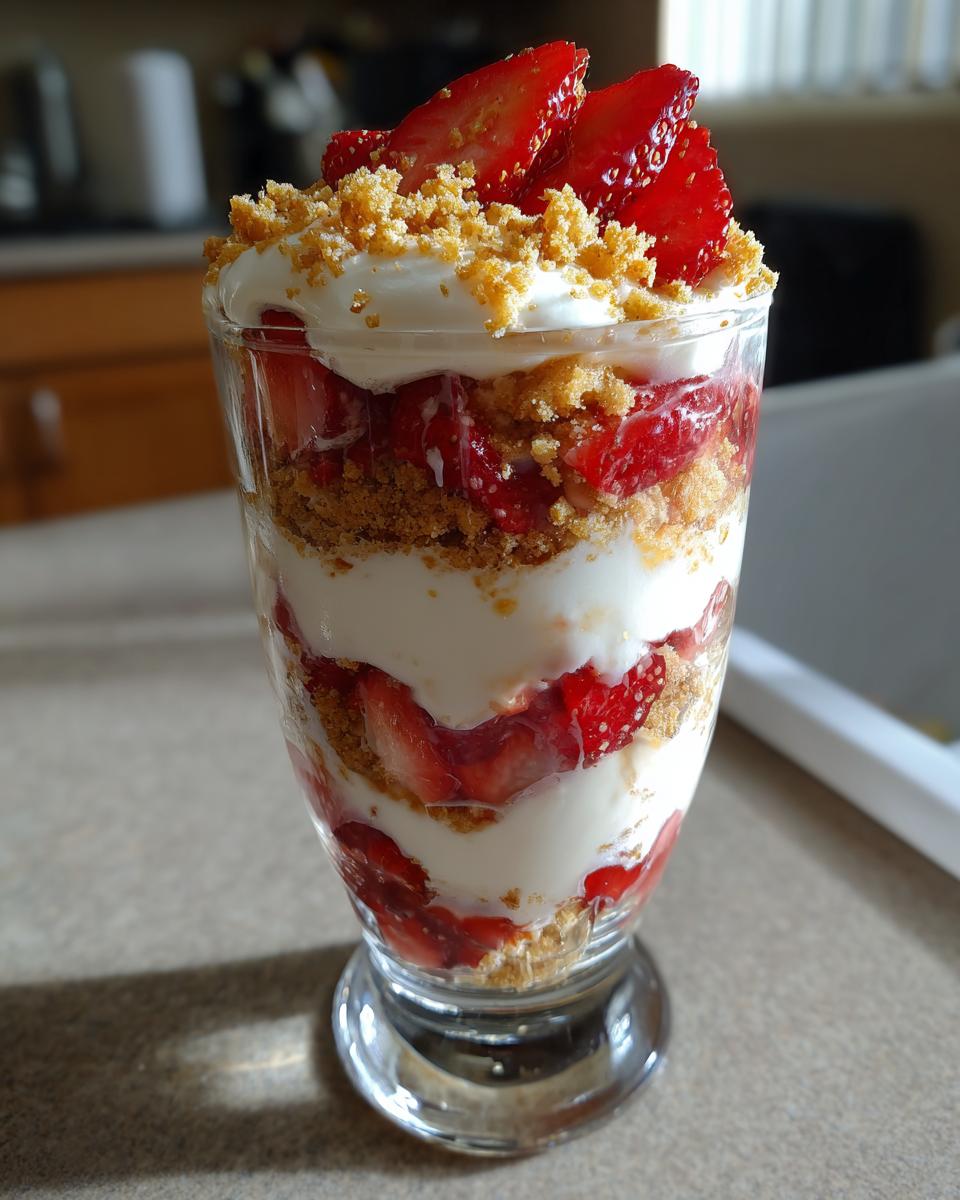 Strawberry cheesecake parfait with layers of cream, strawberries, and crumbs in a clear glass.